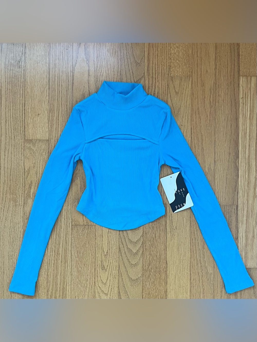 Sky blue ribbed longsleeve with mock neck and chest cutout detail